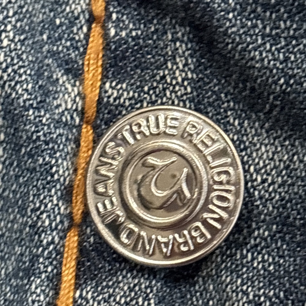 True Religion Blue Denim Trucker Jacket Size M Thick Stitching Res Super T VTG - Picture 4 of 14